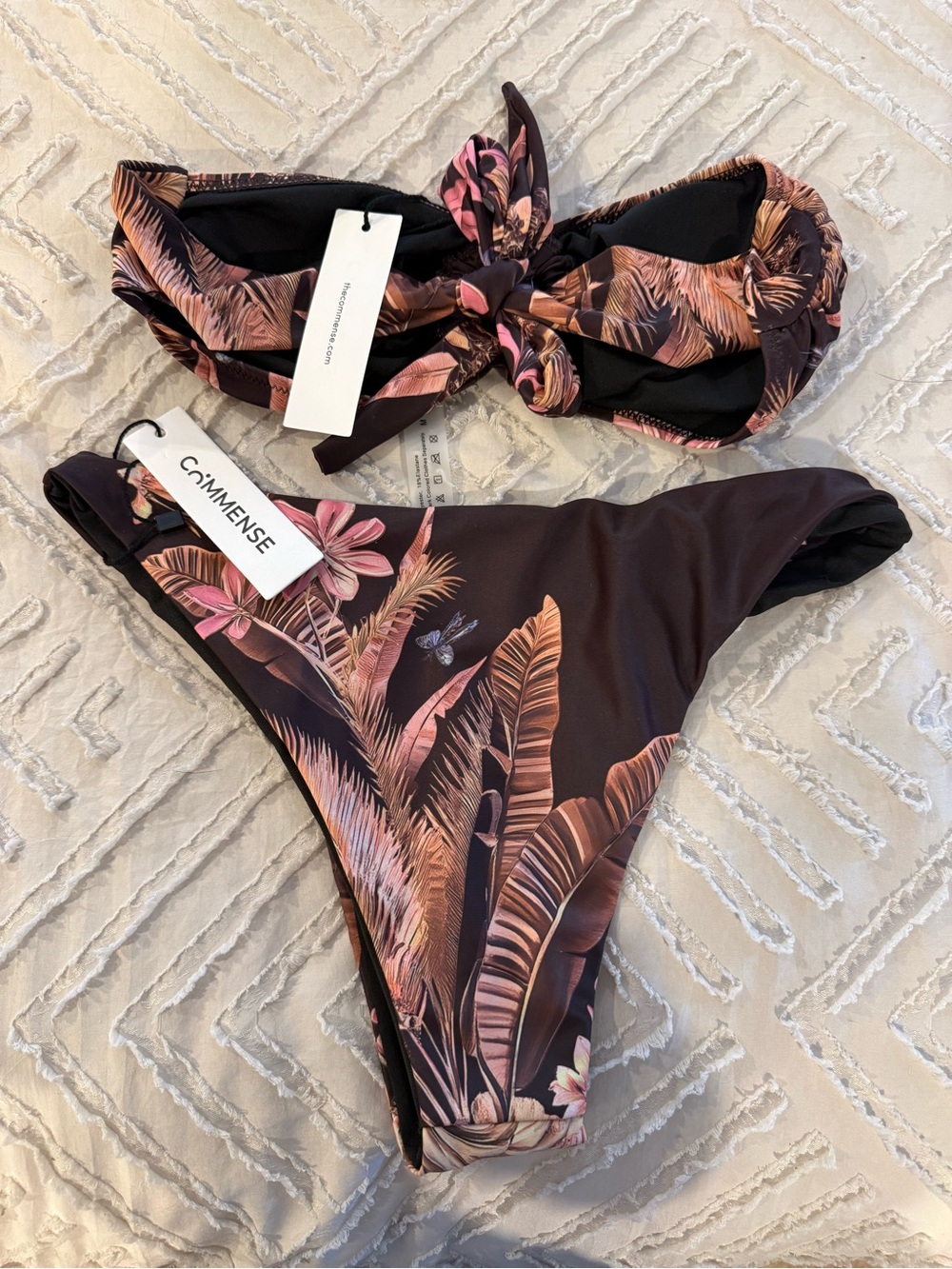 Commense Tropical Floral Tie-Front Bikini Top - Pink & Brown - SM top MD bottom
